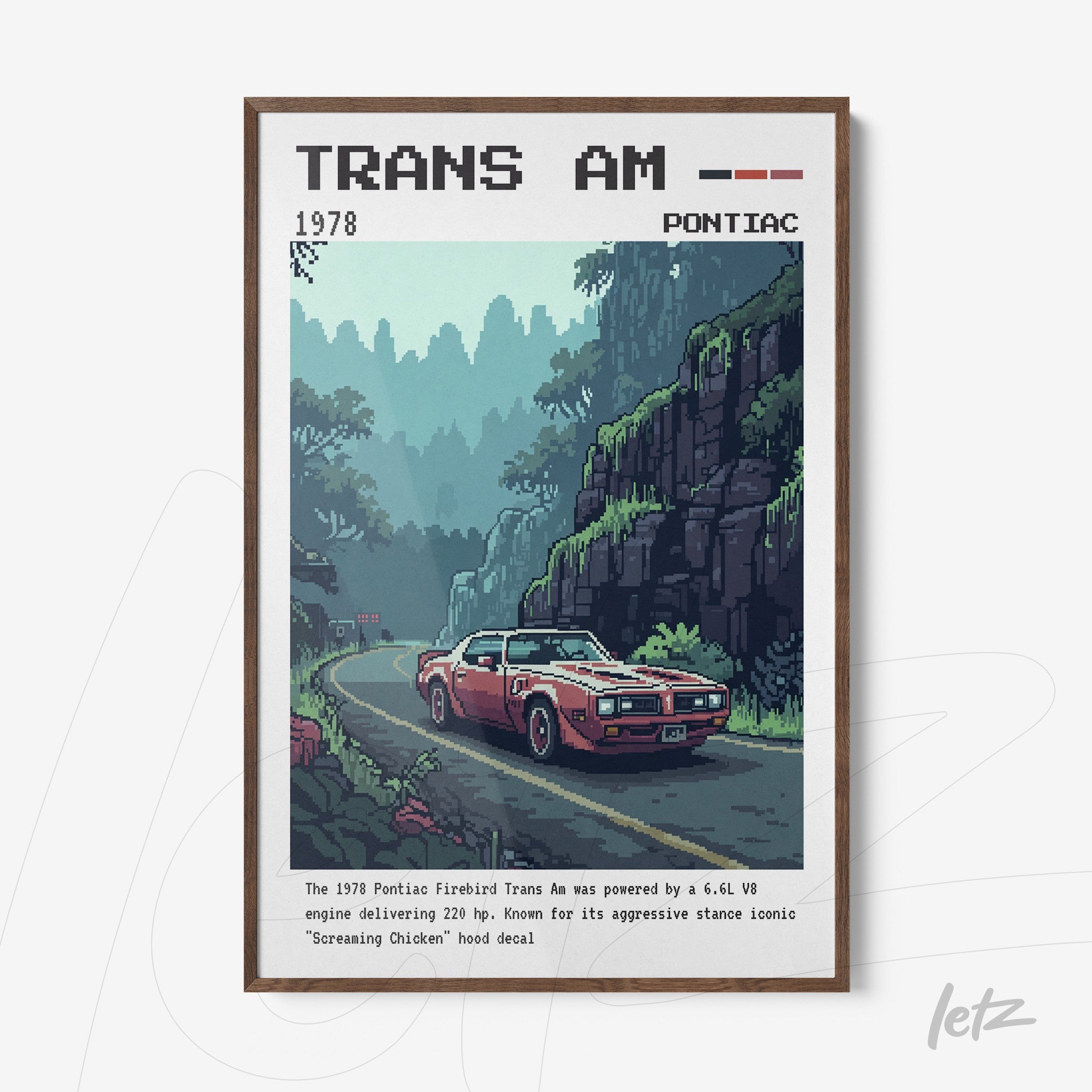 quadro com arte digital de um carro Pontiac Trans Am em estrada montanhosa, detalhes em pixel art e moldura de madeira clara