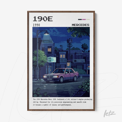 quadro com arte em pixel do carro Mercedes-Benz 190E em noite urbana com moldura de madeira