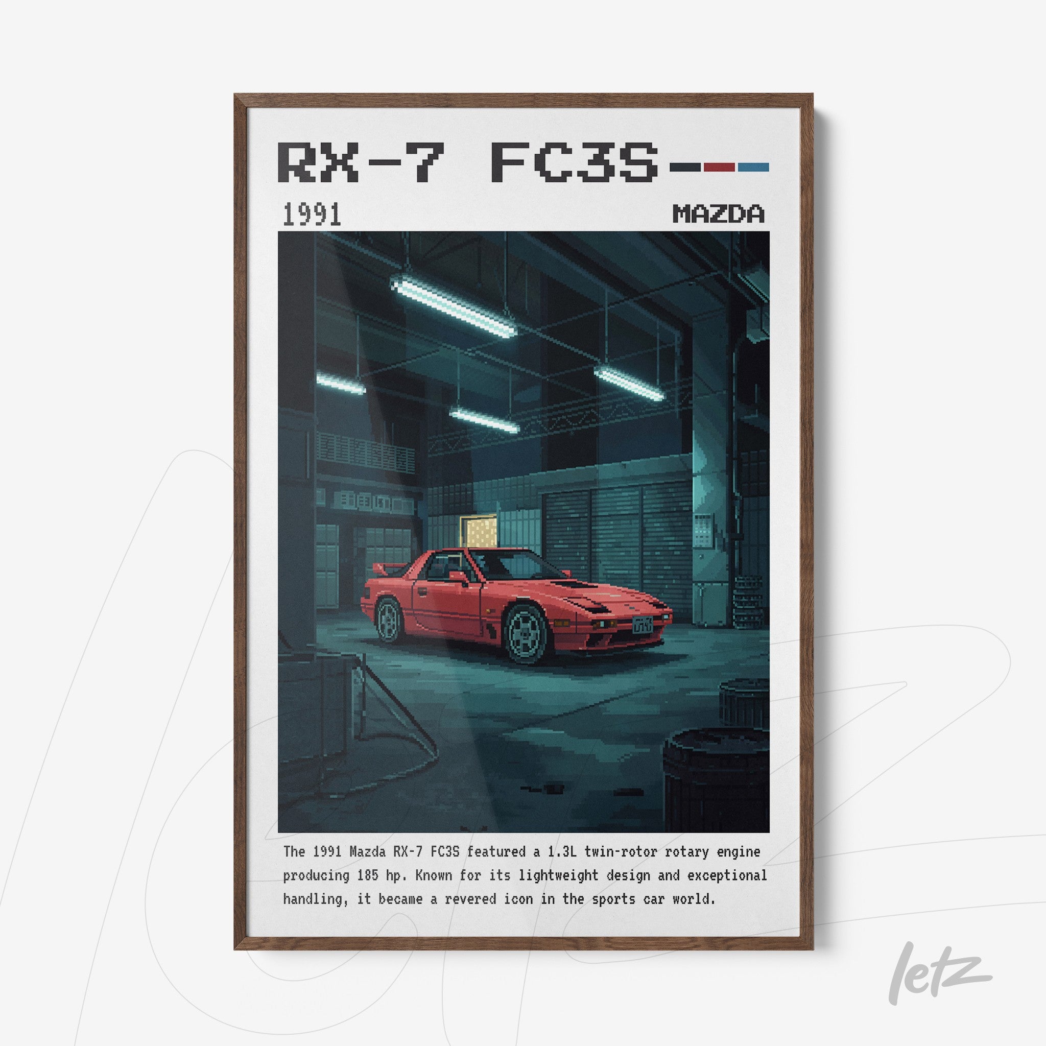 quadro com arte digital retrô do carro Mazda RX-7 FC3S de 1991 em moldura de madeira