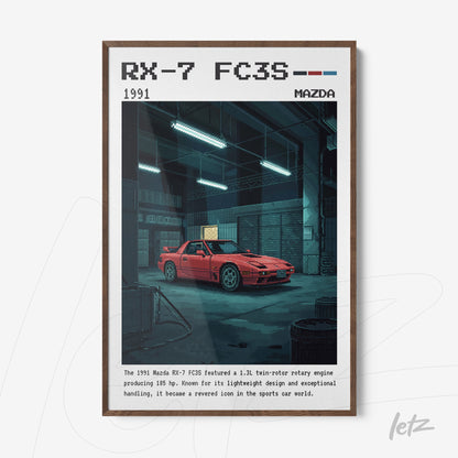 quadro com arte digital retrô do carro Mazda RX-7 FC3S de 1991 em moldura de madeira