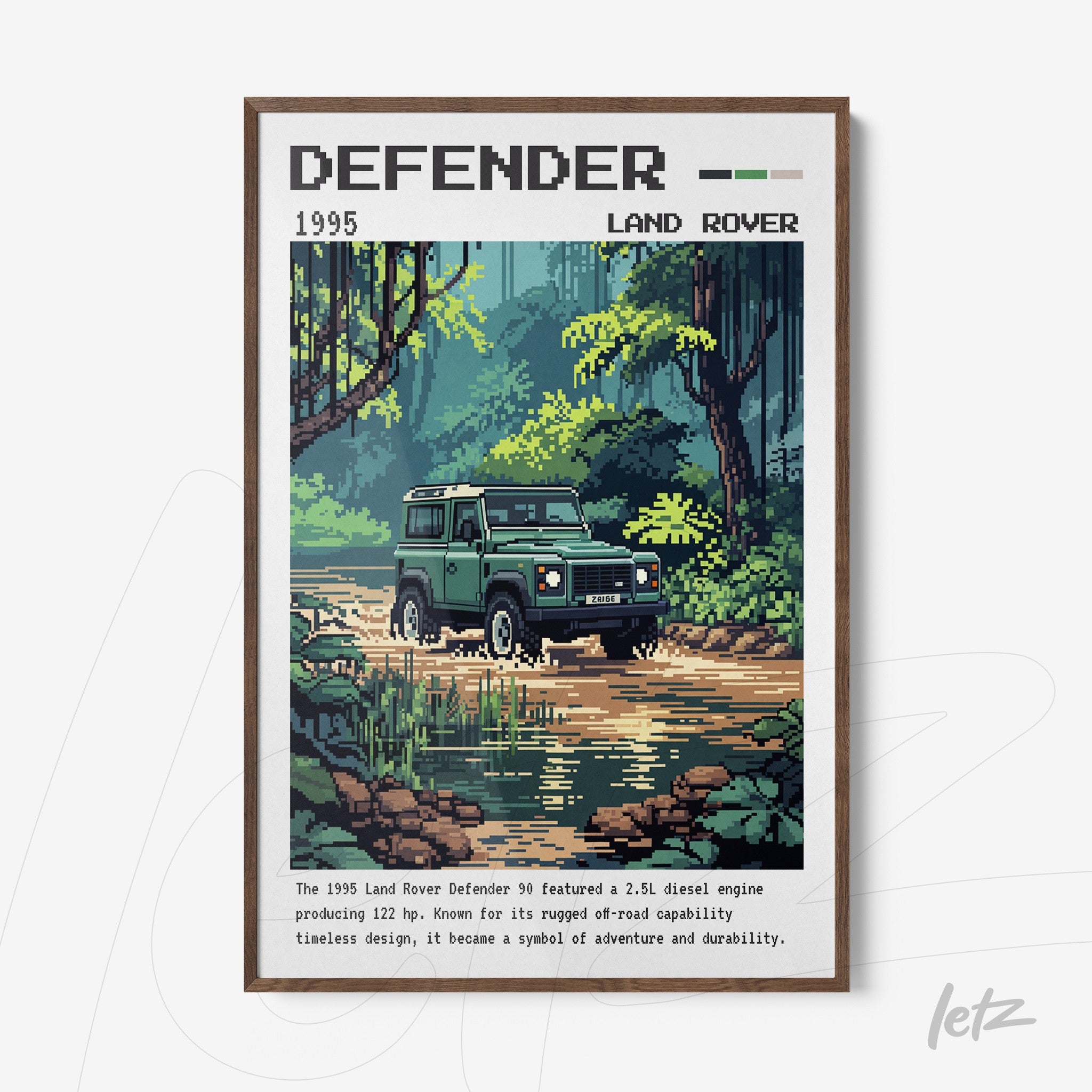 quadro com arte digital retrô do Land Rover Defender 1995, exibido em moldura de madeira escura