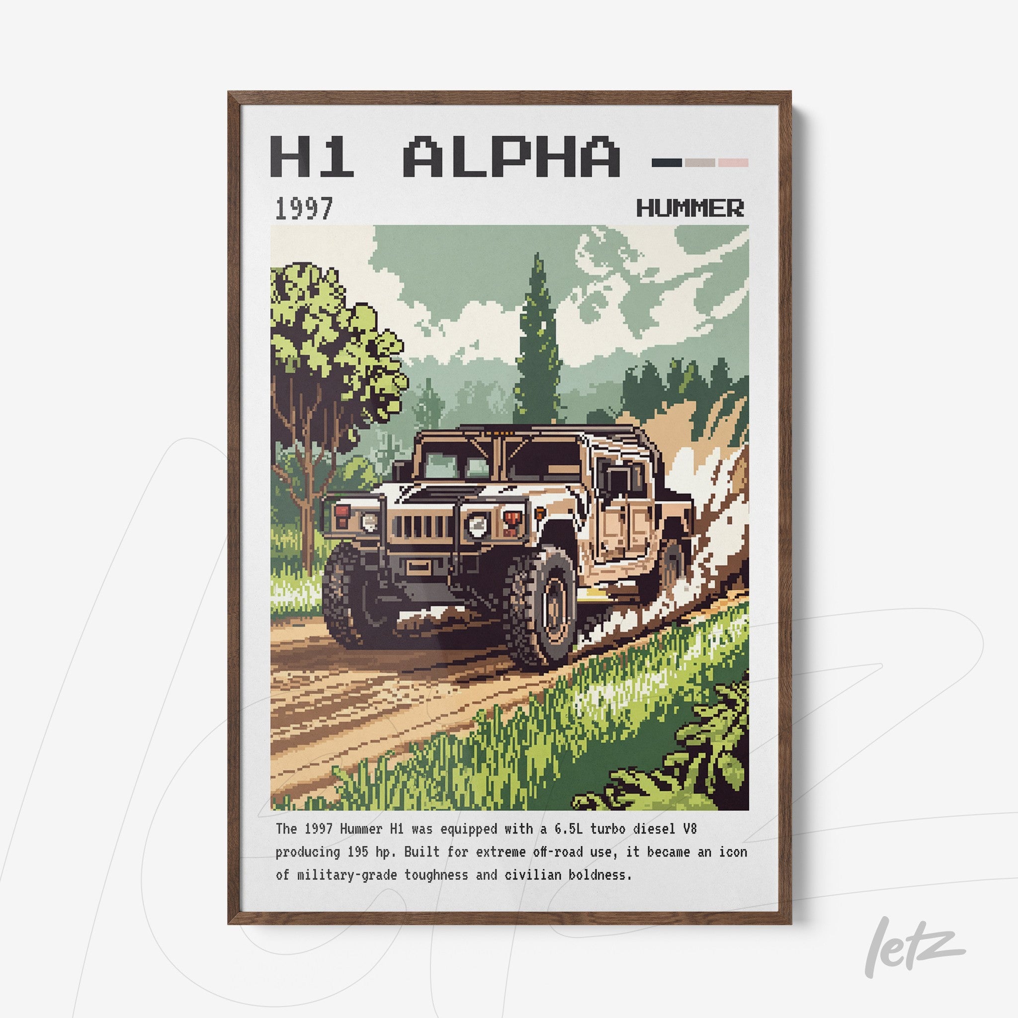 quadro com arte digital em estilo pixelado de um Hummer H1 1997 em um ambiente ao ar livre com vegetação