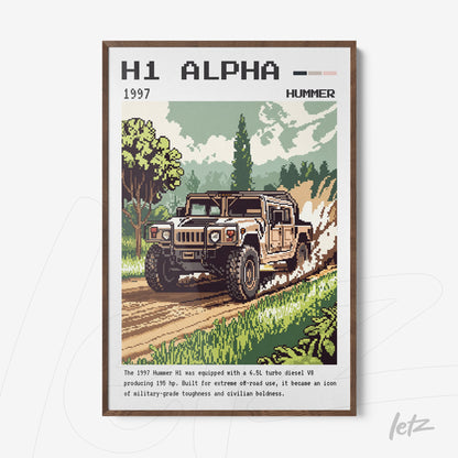quadro com arte digital em estilo pixelado de um Hummer H1 1997 em um ambiente ao ar livre com vegetação