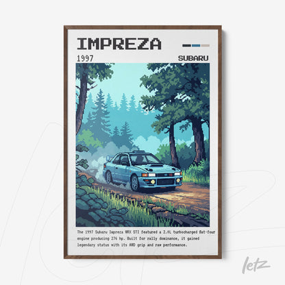 quadro com arte 8-bit do carro Subaru Impreza 1997 em moldura de madeira escura