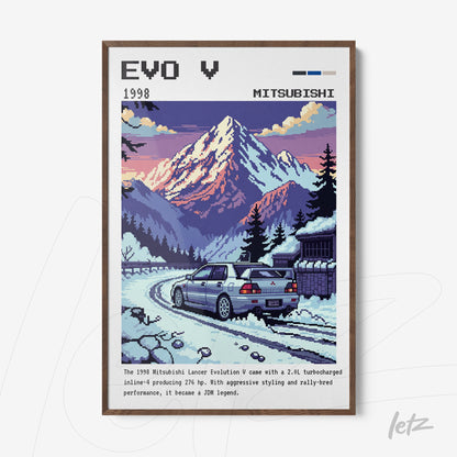 quadro com arte digital inspirada no Mitsubishi Lancer Evolution V de 1998, destacando os traços pixelados e uma montanha ao fundo em estilo retrô