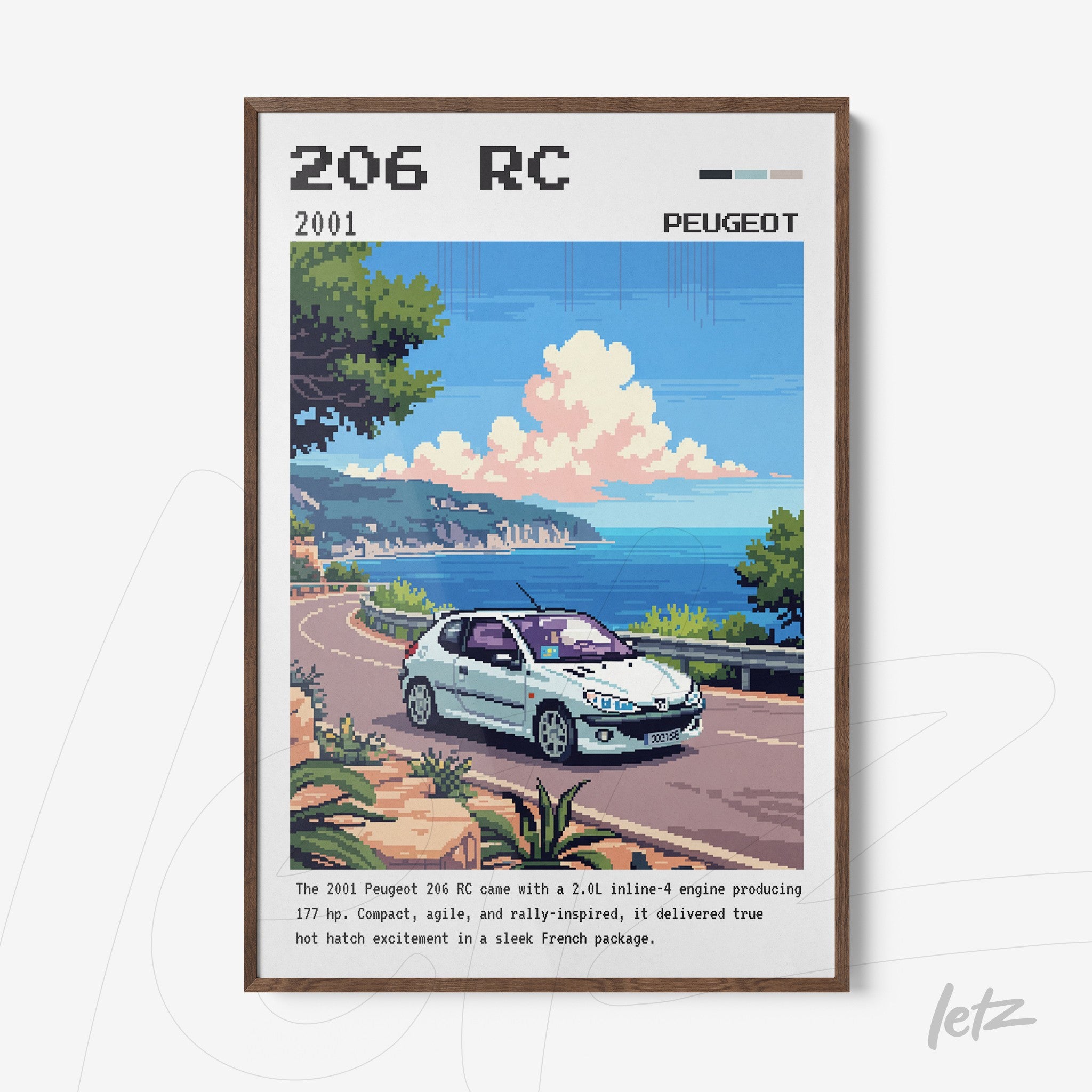 quadro com arte pixelada do carro Peugeot 206 RC em estrada costeira, moldura de madeira clara