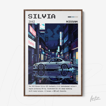 quadro com arte digital do carro Nissan Silvia em ambiente urbano noturno com moldura de madeira escura