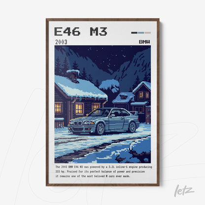quadro com arte pixelada do carro BMW E46 M3 em um cenário nevada, moldura marrom