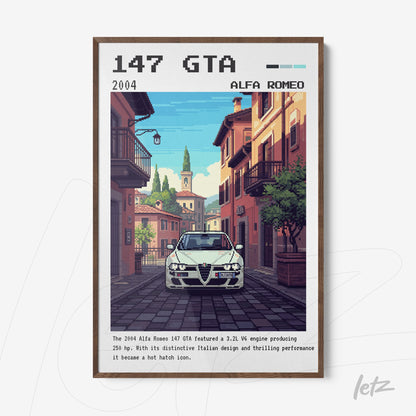 quadro com arte digital do carro Alfa Romeo 147 GTA em um cenário urbano italiano, com moldura de madeira escura
