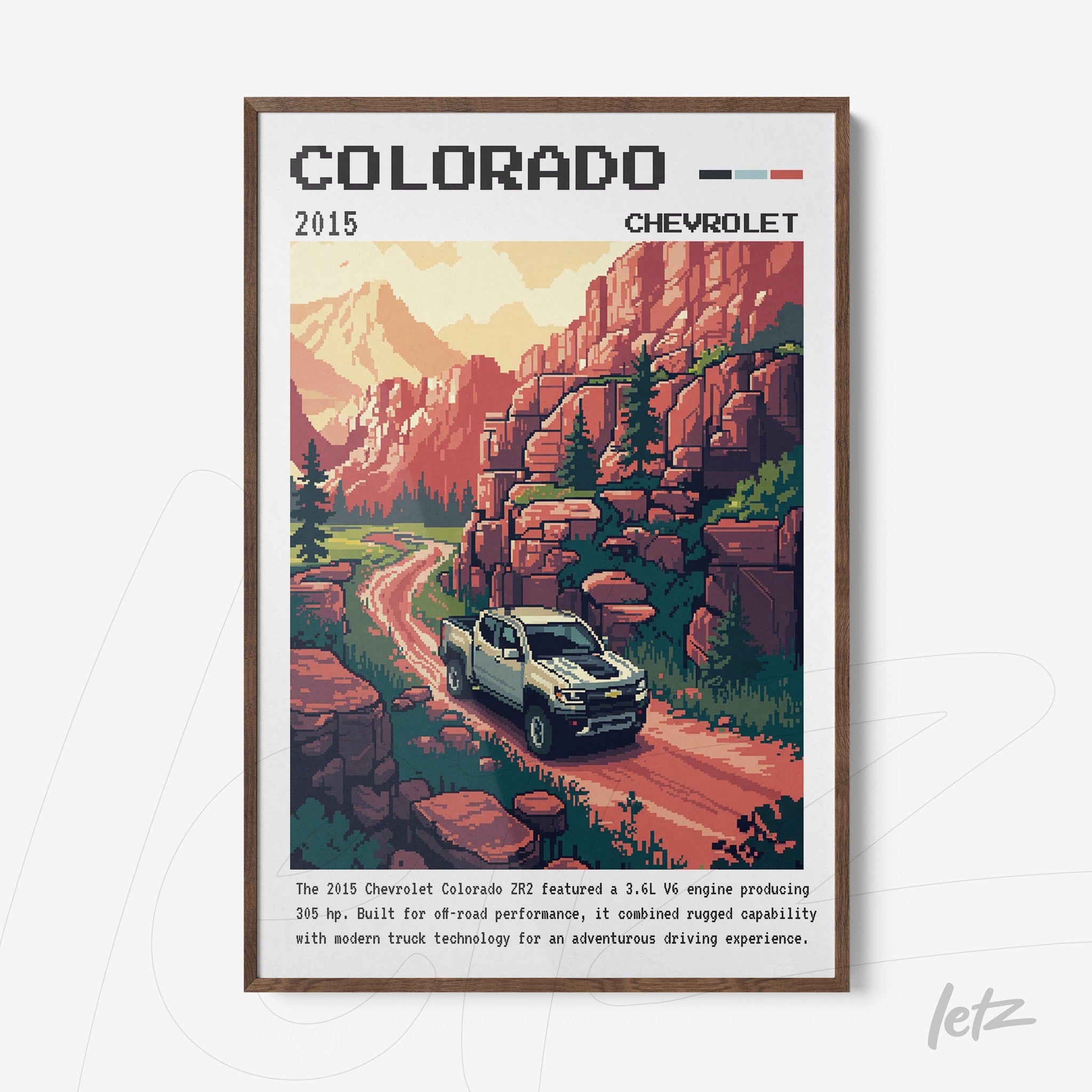 quadro emoldurado de arte digital retrô mostrando um caminhão Chevrolet Colorado em uma estrada de montanha com paisagens rochosas ao fundo