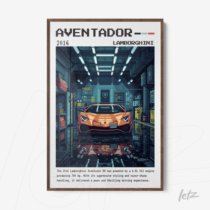quadro com arte digital de um carro Lamborghini Aventador na garagem, moldura de madeira escura