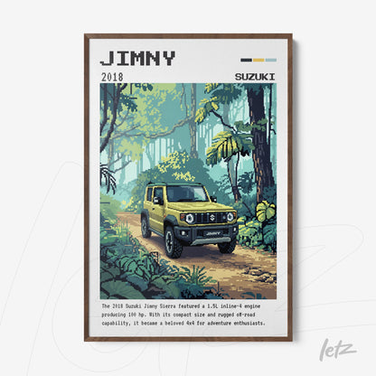 quadro com arte pixelada do carro Suzuki Jimny 2018 em um ambiente natural com muito verde e moldura de madeira escura