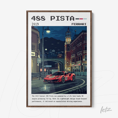 quadro com arte pixelada de um carro Ferrari 488 Pista em um ambiente urbano noturno com edifícios ao fundo e iluminação de rua