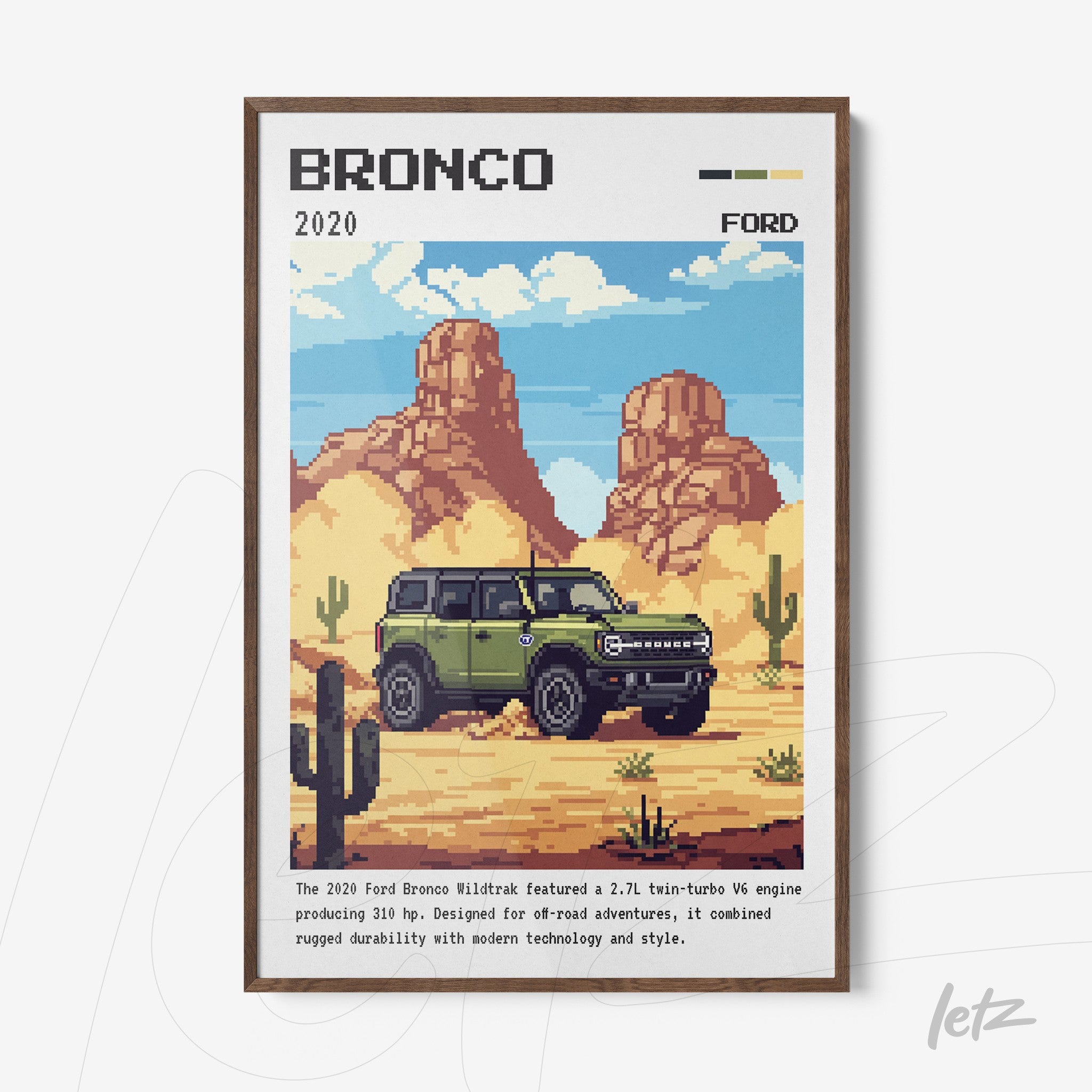 quadro com arte estilo pixel art do Ford Bronco 2020 em um cenário desértico com cactos e montanhas