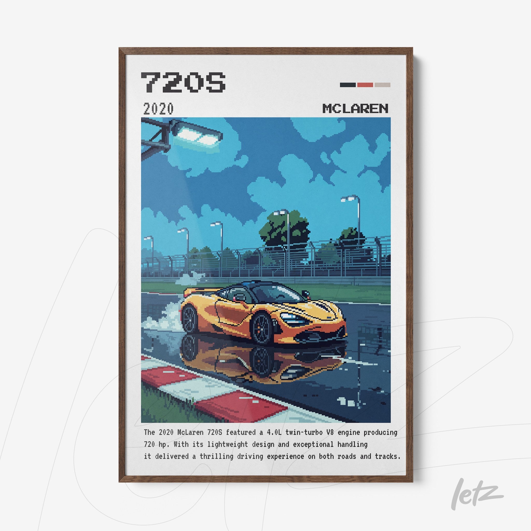 quadro com arte em estilo pixelado do carro McLaren 720S em pista molhada, moldura de madeira clara