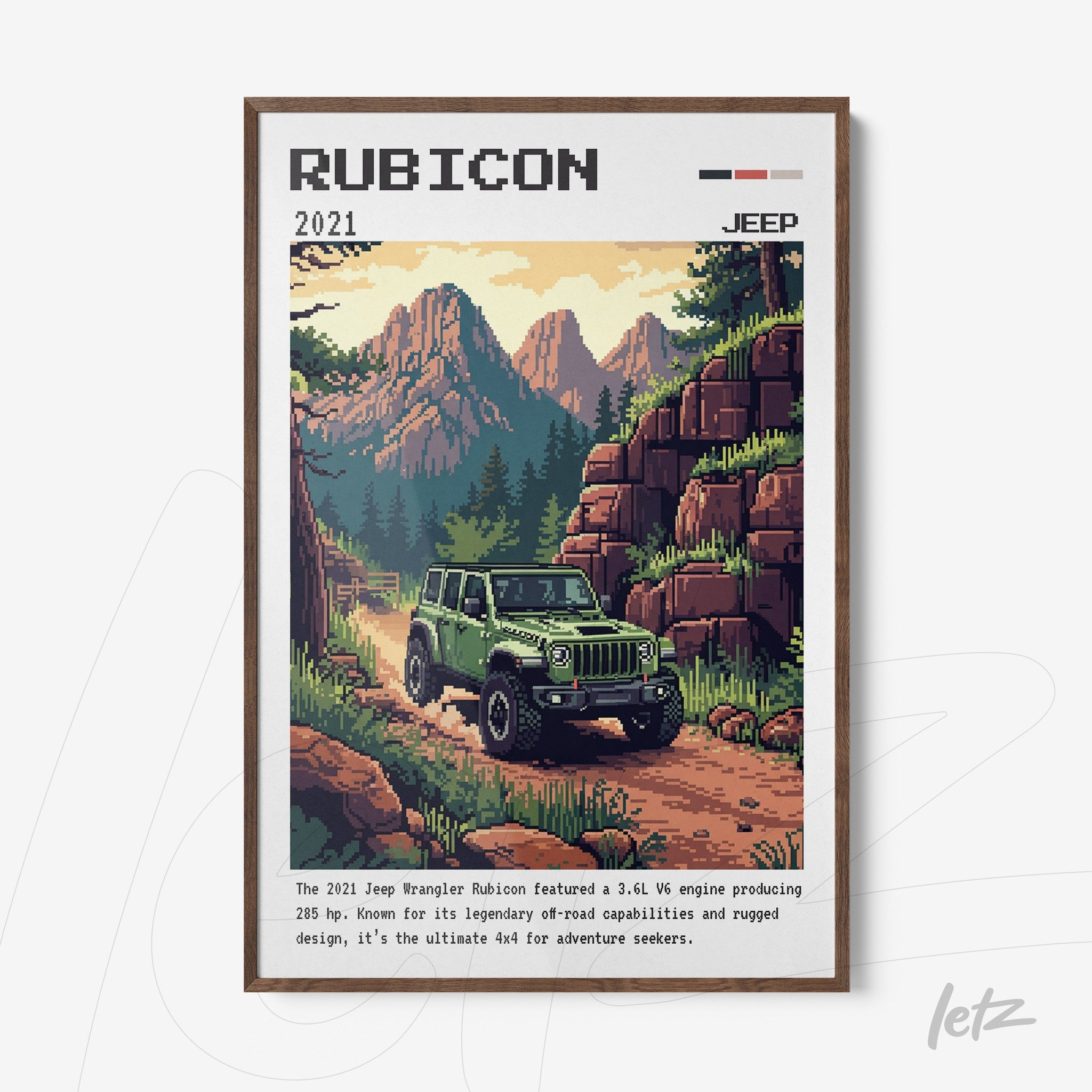 quadro com arte retrô de um jeep rubicon em uma paisagem montanhosa, destacando a cor verde do veículo e elementos de design pixelado
