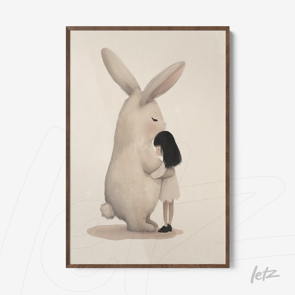 quadro de arte digital com uma menina abraçando um coelho gigante em moldura de madeira clara
