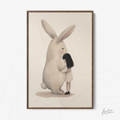 quadro de arte digital com uma menina abraçando um coelho gigante em moldura de madeira clara