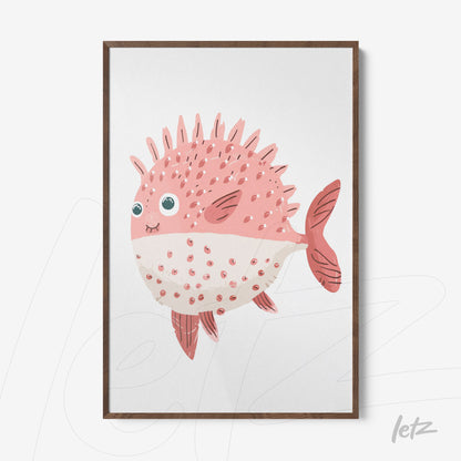 quadro com ilustração de peixe cor-de-rosa com espinhos em moldura de madeira clara
