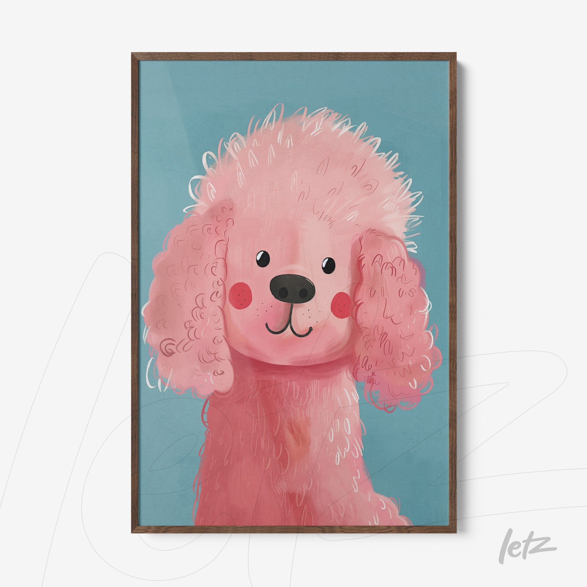 quadro com arte digital de um poodle rosa em fundo azul, moldura de madeira clara