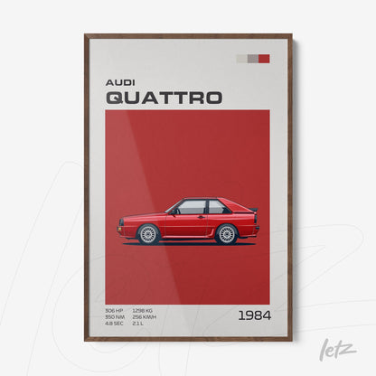 quadro com arte minimalista do carro Audi Quattro de 1984 em moldura de madeira escura