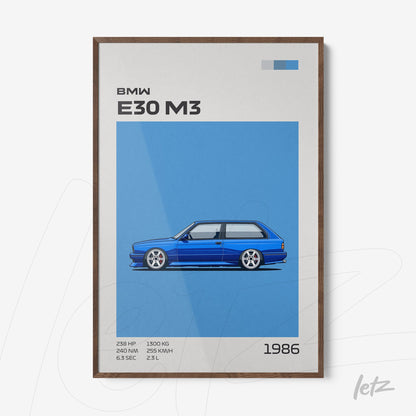 quadro com ilustração estilizada do carro BMW E30 M3 em fundo azul e moldura de madeira escura