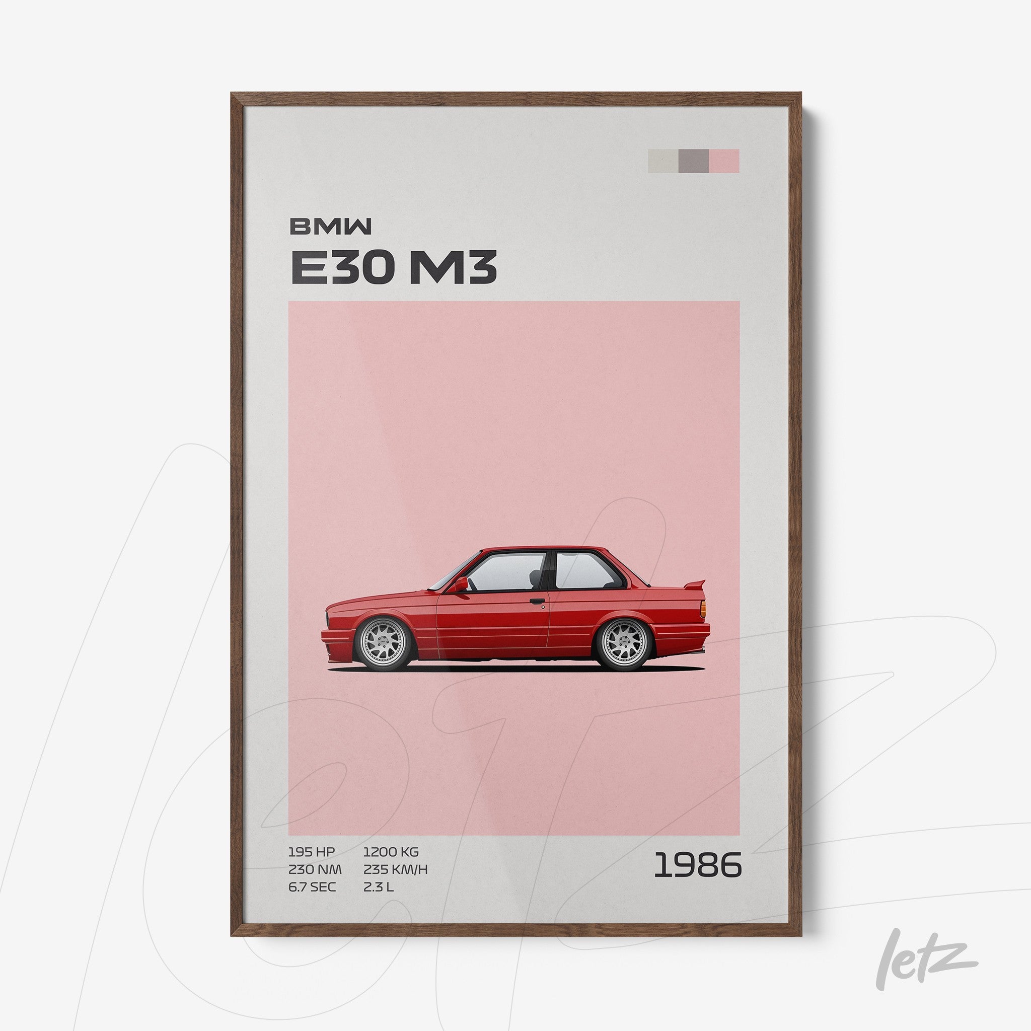 quadro com arte gráfica de carro BMW E30 M3 na cor vermelha com fundo rosa e moldura de madeira escura