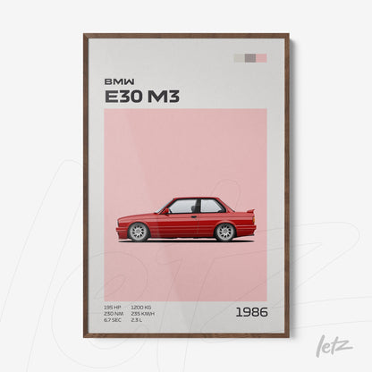quadro com arte gráfica de carro BMW E30 M3 na cor vermelha com fundo rosa e moldura de madeira escura