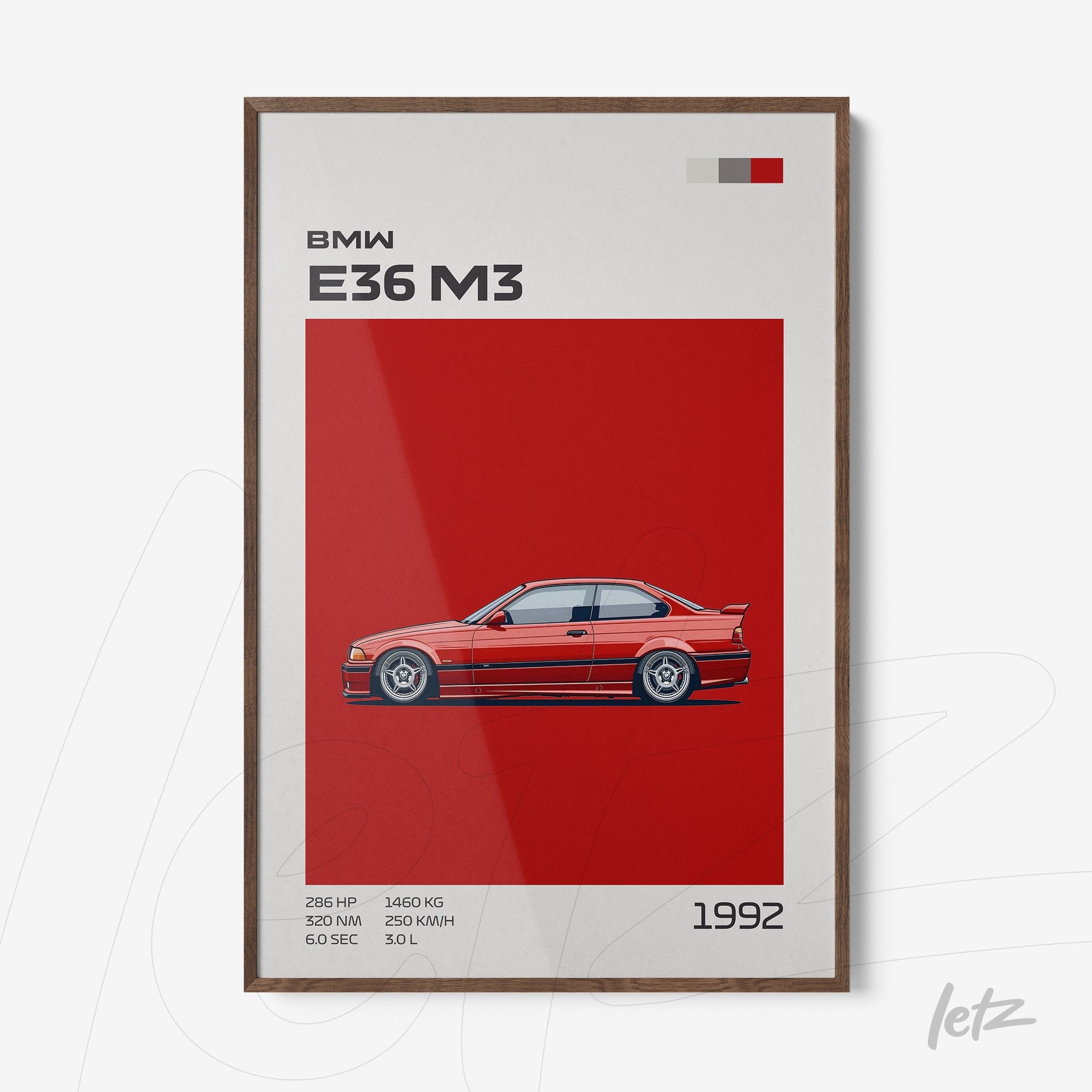 quadro em moldura de madeira com ilustração do carro BMW E36 M3 em fundo vermelho vibrante