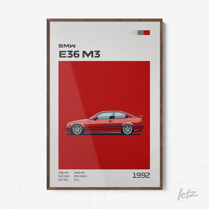 quadro em moldura de madeira com ilustração do carro BMW E36 M3 em fundo vermelho vibrante