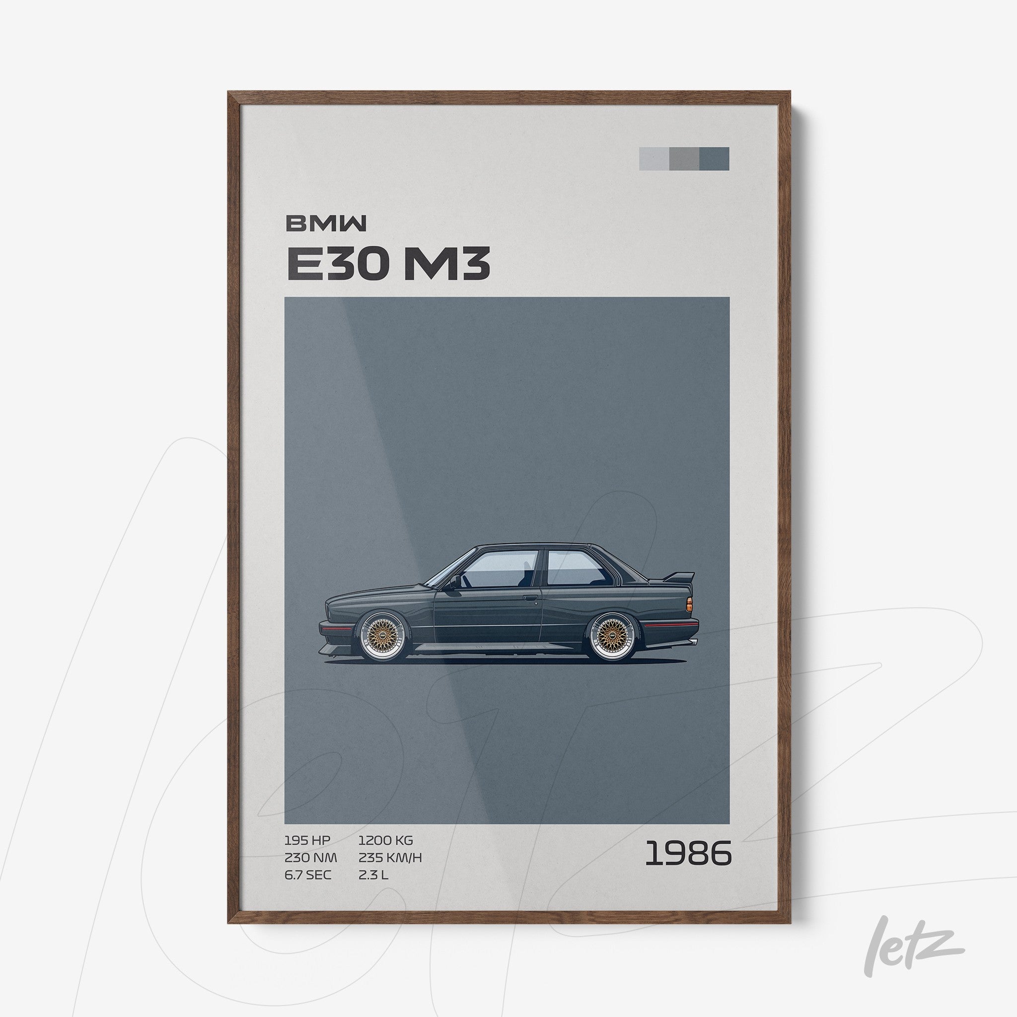 quadro com arte minimalista do carro BMW E30 M3 em moldura de madeira escura