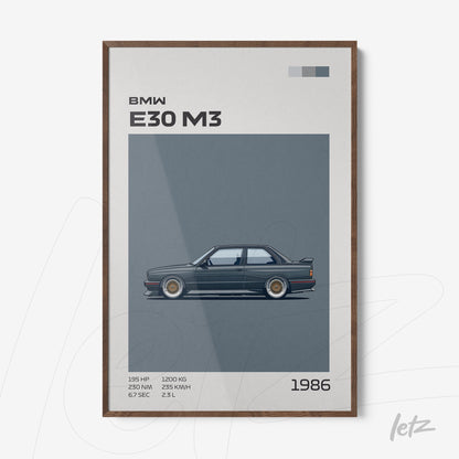 quadro com arte minimalista do carro BMW E30 M3 em moldura de madeira escura