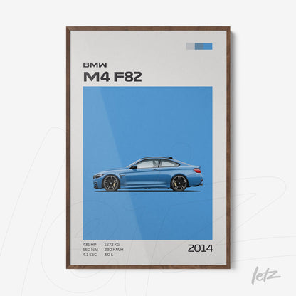 quadro com arte minimalista do carro BMW M4 F82 em fundo azul vibrante, com moldura de madeira escura