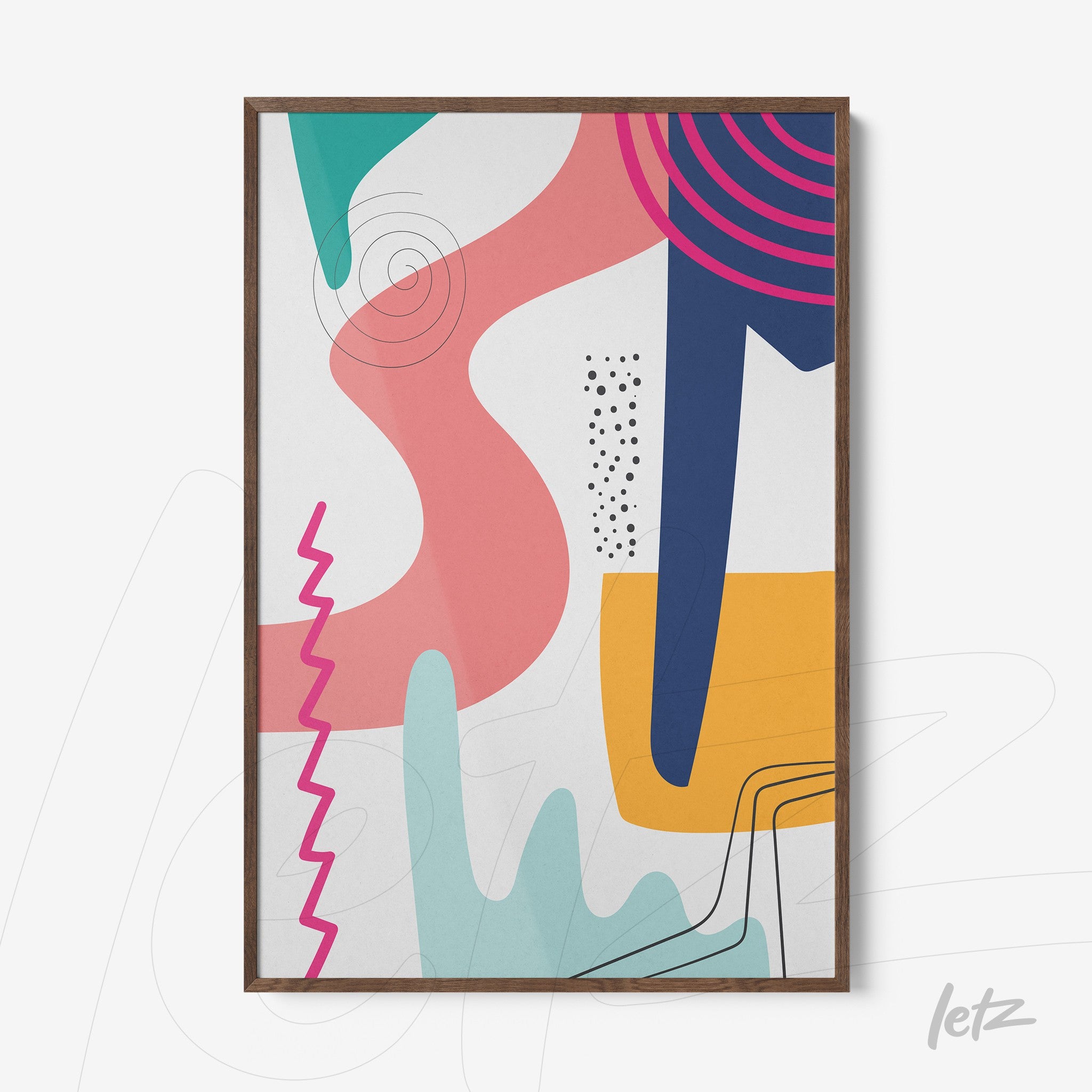 quadro abstrato com formas geométricas coloridas em moldura de madeira escura