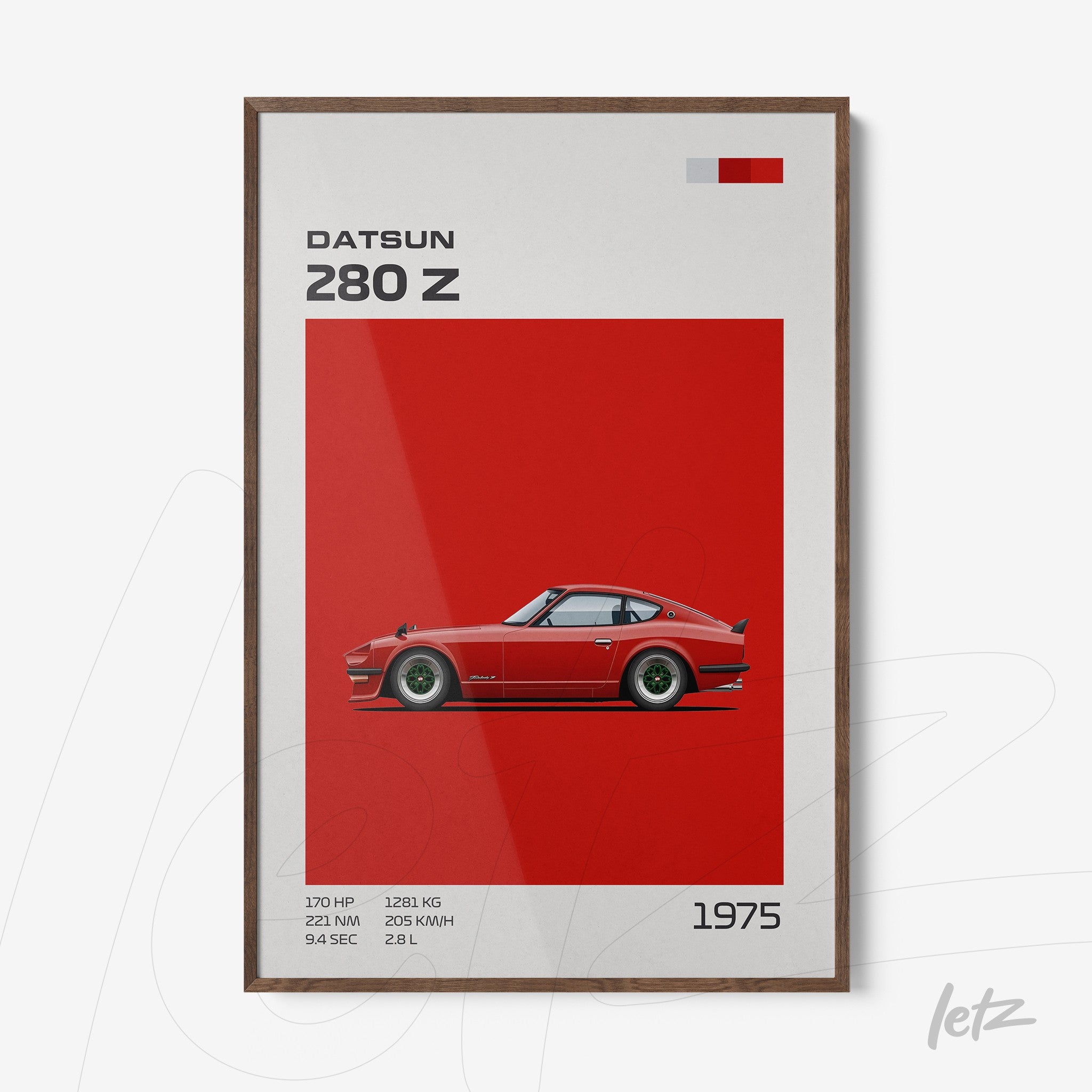quadro com arte digital de um carro Datsun 280 Z em fundo vermelho e moldura de madeira clara