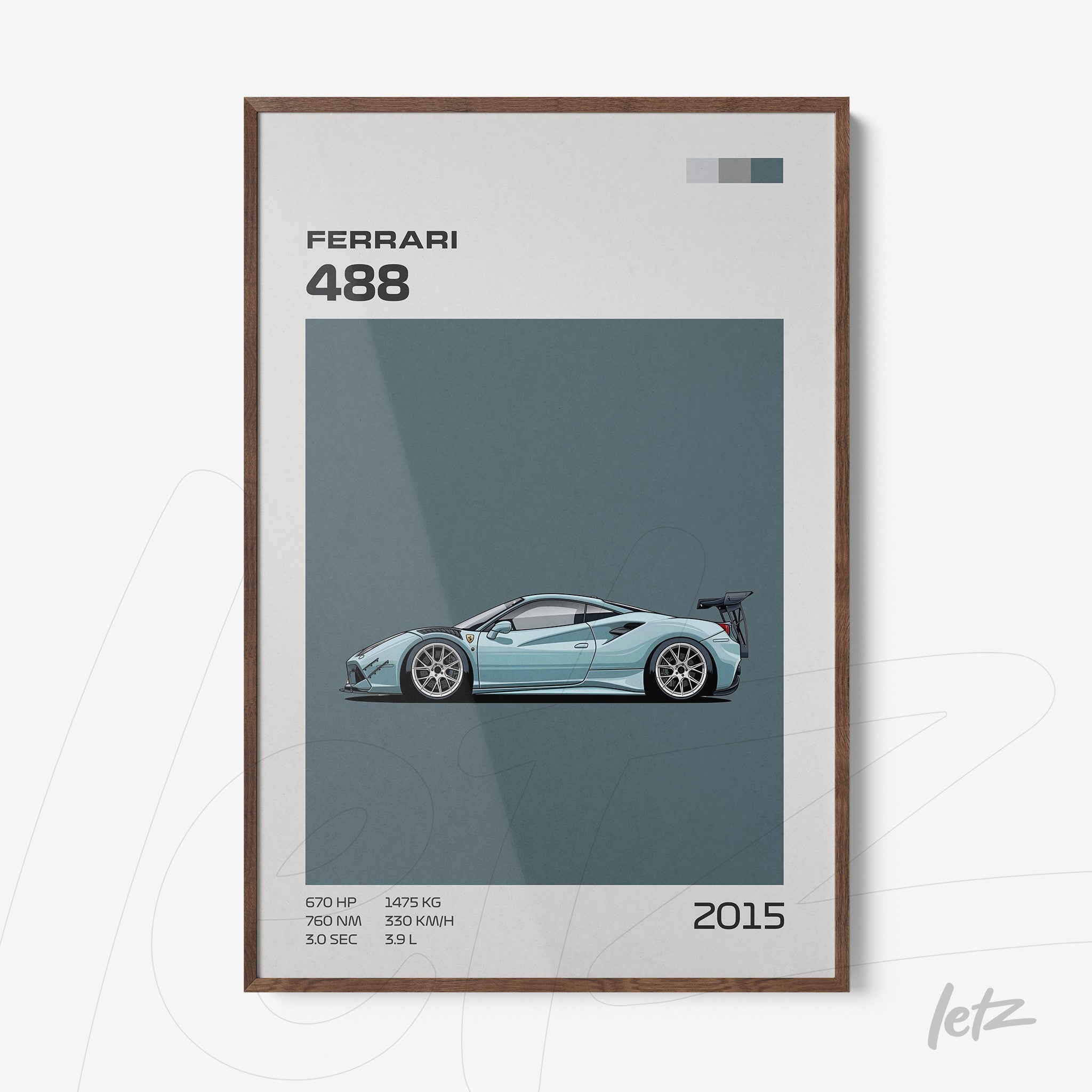quadro com arte minimalista de um carro esportivo Ferrari 488 em moldura de madeira escura