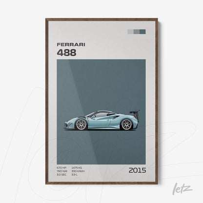 quadro com arte minimalista de um carro esportivo Ferrari 488 em moldura de madeira escura