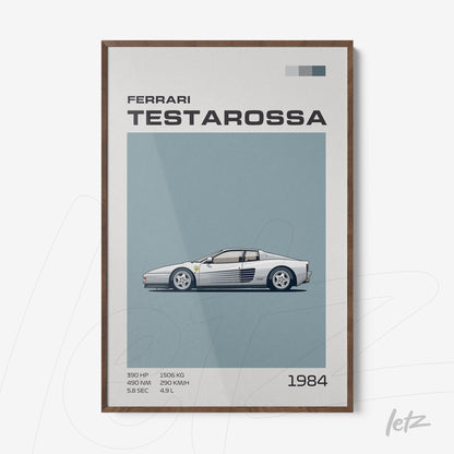 quadro emoldurado com arte digital de um Ferrari Testarossa em fundo azul claro