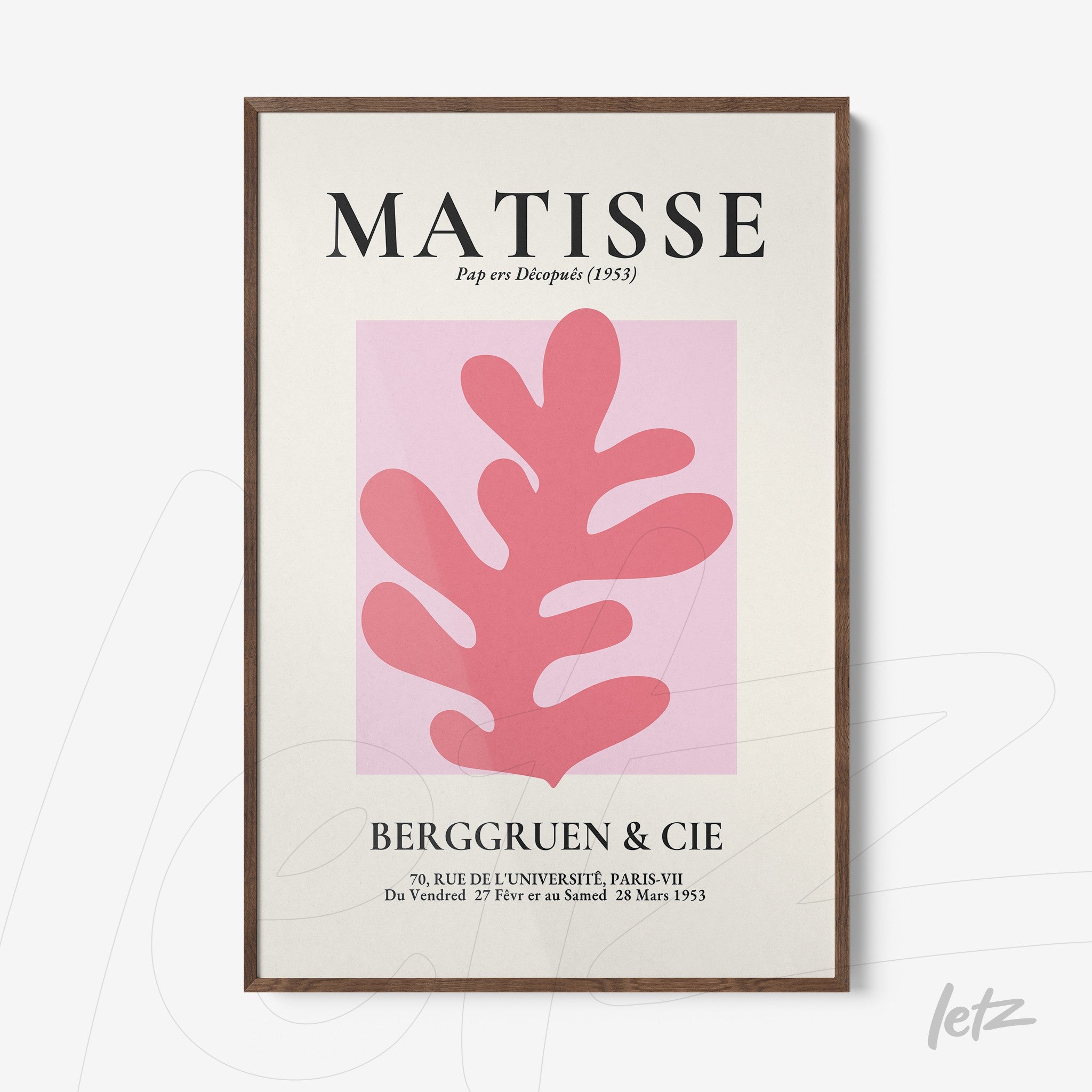 quadro com arte do artista Matisse, apresentando uma figura rosa sobre fundo claro com moldura de madeira escura