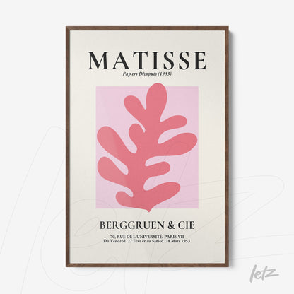 quadro com arte do artista Matisse, apresentando uma figura rosa sobre fundo claro com moldura de madeira escura
