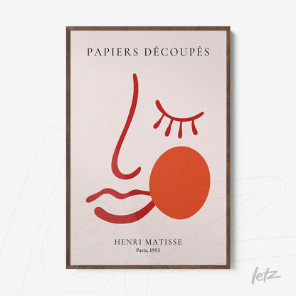 quadro decorativo com arte abstrata de linha em cores como vermelho e laranja, moldura de madeira escura contendo o título 'PAPIERS DÉCOUPÉS' e o texto 'HENRI MATISSE, Paris, 1953'
