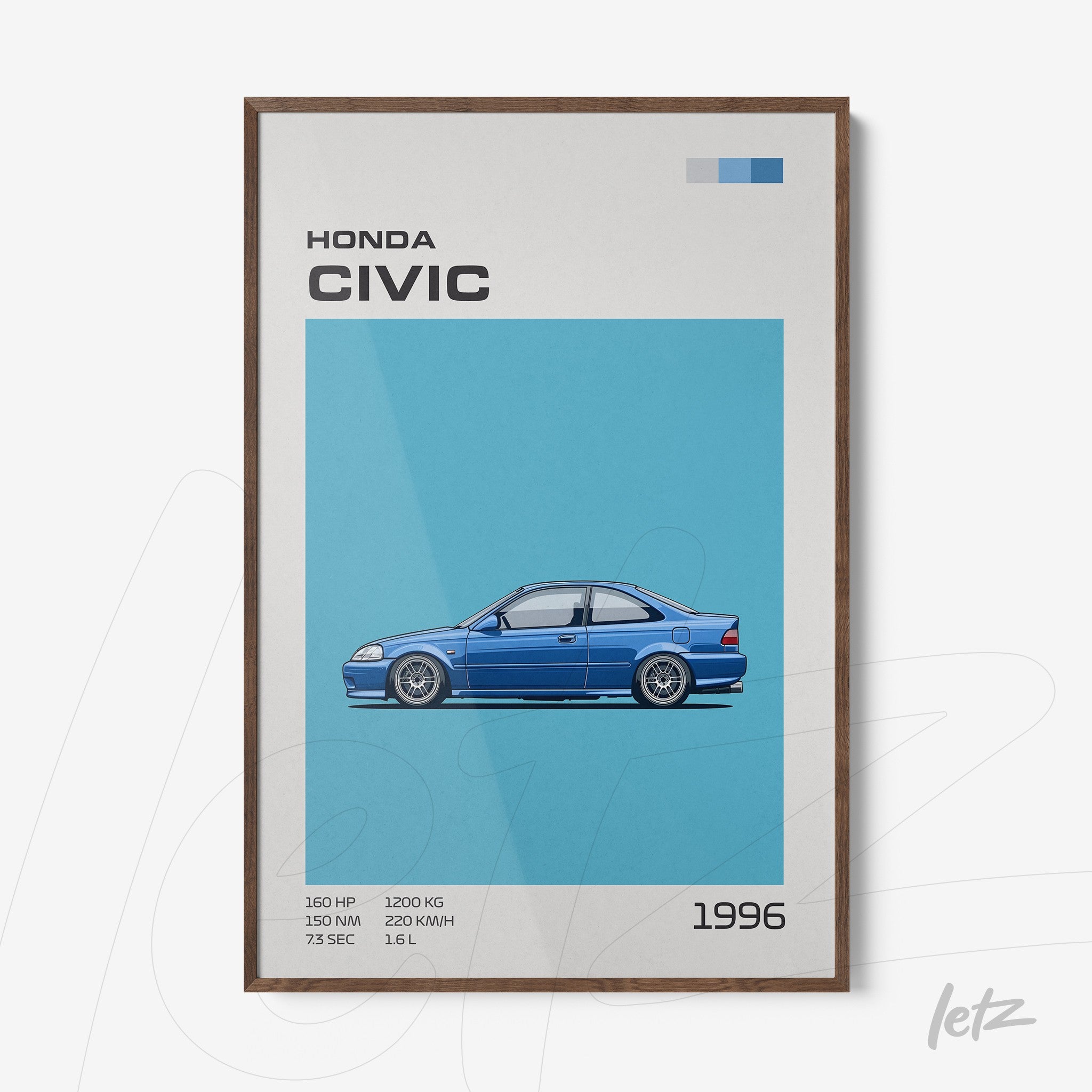 quadro com ilustração do carro Honda Civic 1996 em fundo azul e moldura de madeira