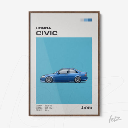 quadro com ilustração do carro Honda Civic 1996 em fundo azul e moldura de madeira