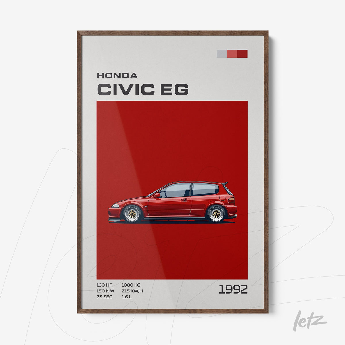 quadro com ilustração do carro Honda Civic EG de 1992 em fundo vermelho vibrante e moldura de madeira escura