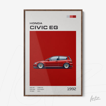 quadro com ilustração do carro Honda Civic EG de 1992 em fundo vermelho vibrante e moldura de madeira escura