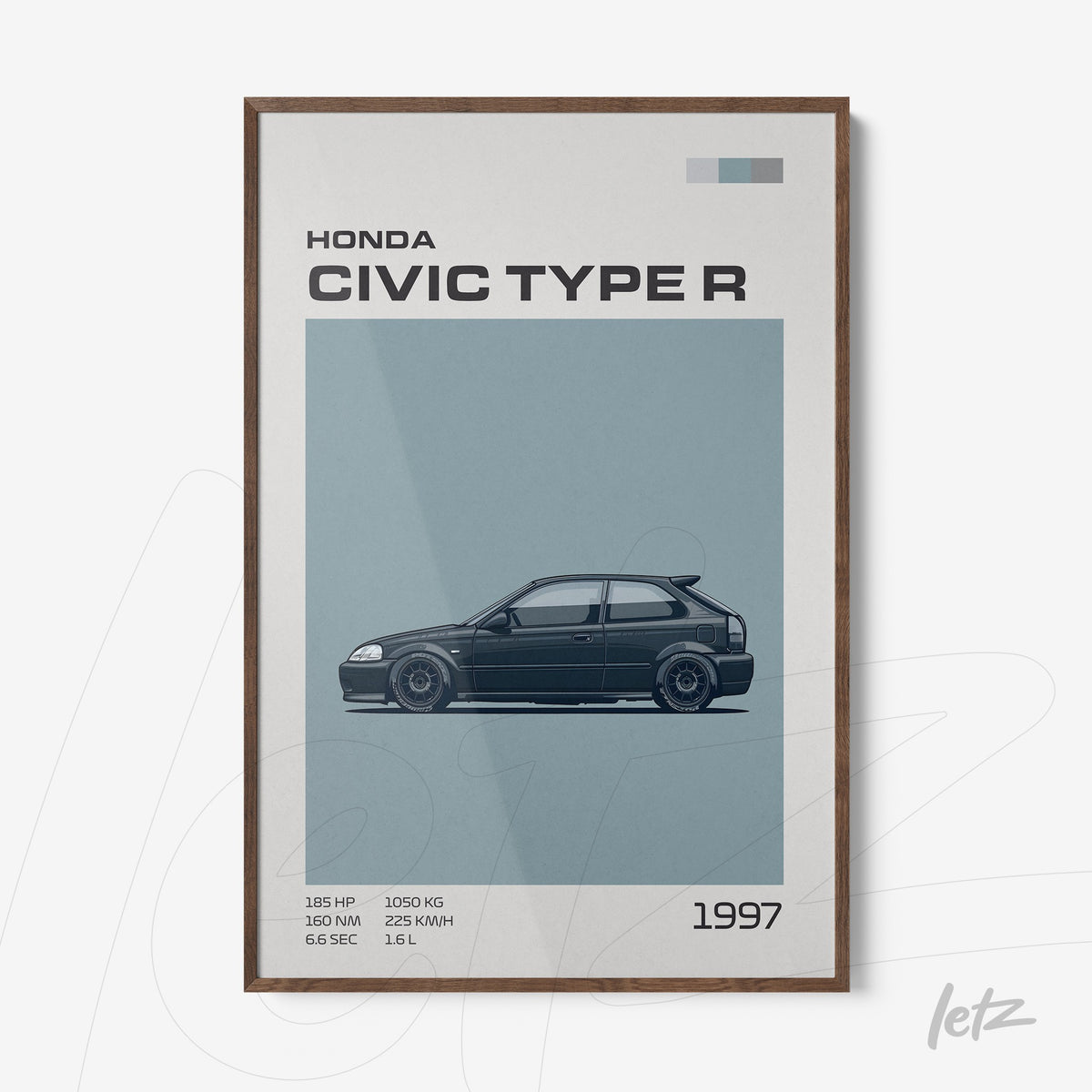 quadro com arte ilustrativa do carro Honda Civic Type R de 1997, em moldura de madeira escura