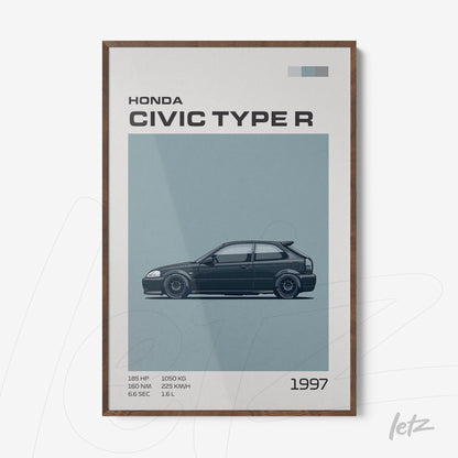 quadro com arte ilustrativa do carro Honda Civic Type R de 1997, em moldura de madeira escura