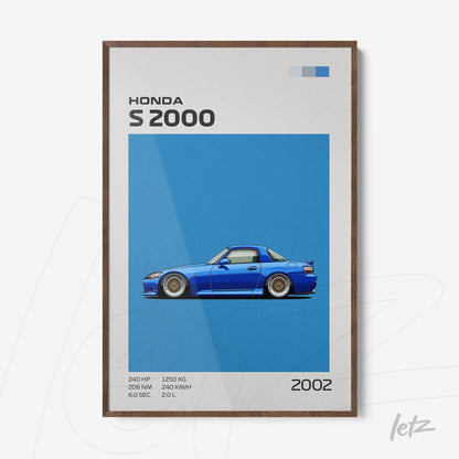 quadro emoldurado com representação artística do carro Honda S2000 em fundo azul vibrante
