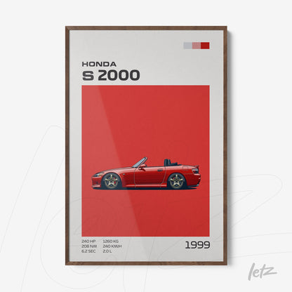 quadro com ilustração do carro Honda S2000 vermelho em fundo vermelho, com moldura de madeira escura
