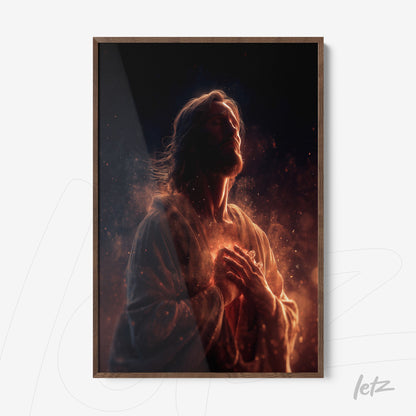 quadro emoldurado com arte digital de figura de Jesus iluminada com tons quentes e fundo etéreo